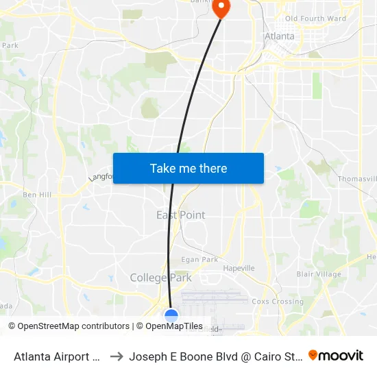 Atlanta Airport ATL to Joseph E Boone Blvd @ Cairo St NW map