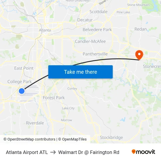 Atlanta Airport ATL to Walmart Dr @ Fairington Rd map