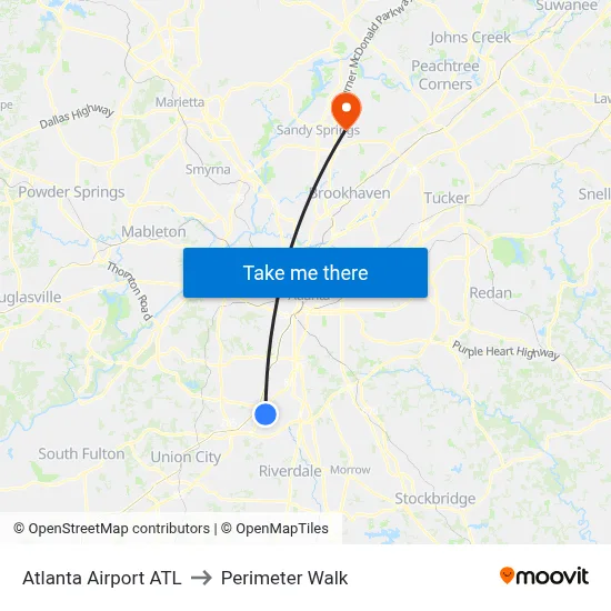 Atlanta Airport ATL to Perimeter Walk map
