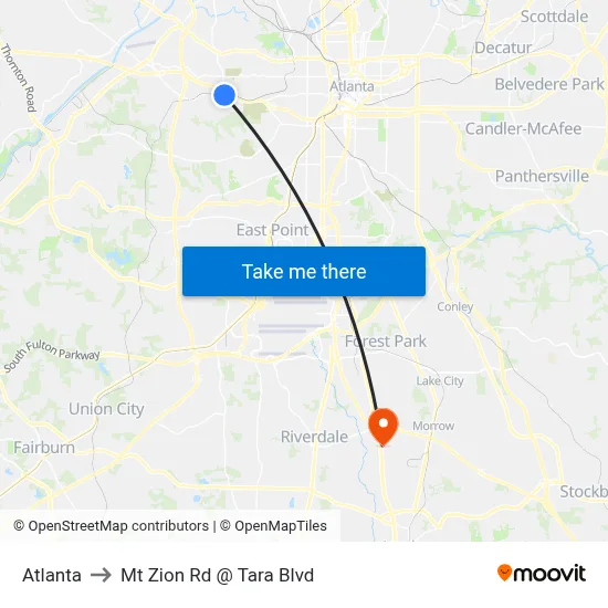 Atlanta to Mt Zion Rd @ Tara Blvd map