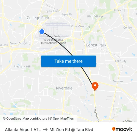 Atlanta Airport ATL to Mt Zion Rd @ Tara Blvd map