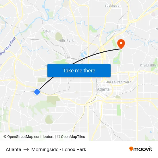 Atlanta to Morningside - Lenox Park map
