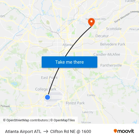 Atlanta Airport ATL to Clifton Rd NE @ 1600 map