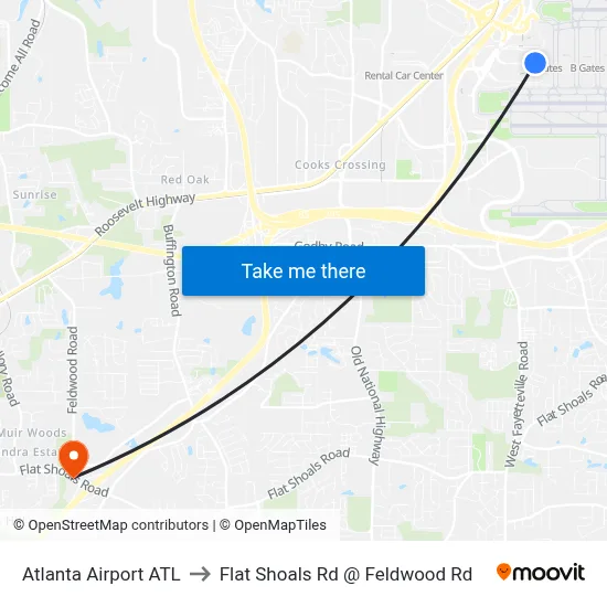 Atlanta Airport ATL to Flat Shoals Rd @ Feldwood Rd map