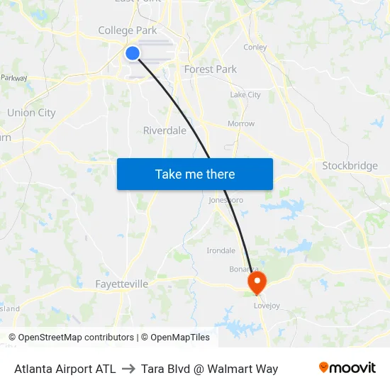 Atlanta Airport ATL to Tara Blvd @ Walmart Way map