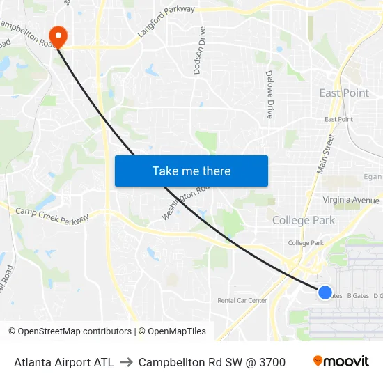 Atlanta Airport ATL to Campbellton Rd SW @ 3700 map