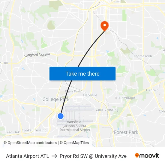 Atlanta Airport ATL to Pryor Rd SW @ University Ave map