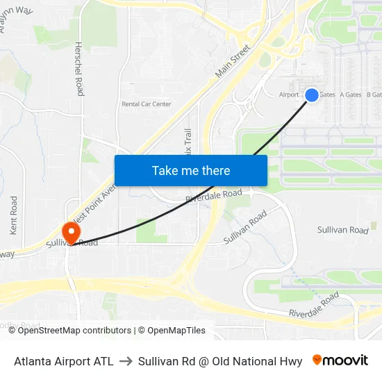 Atlanta Airport ATL to Sullivan Rd @ Old National Hwy map