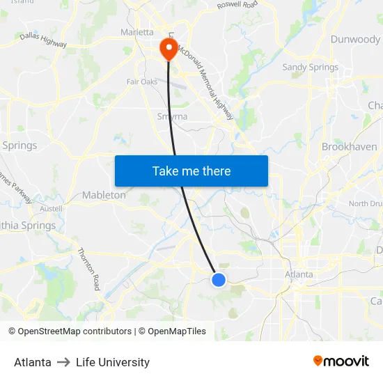 Atlanta to Life University map