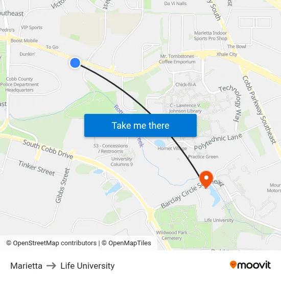 Marietta to Life University map