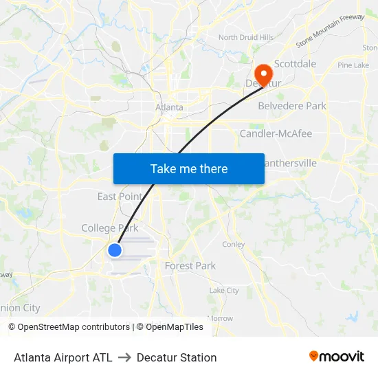 Atlanta Airport ATL to Decatur Station map
