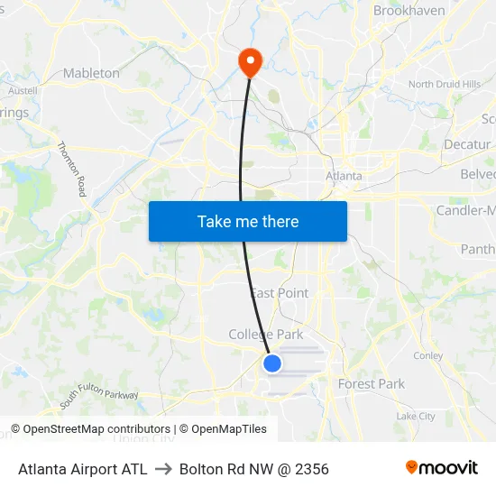 Atlanta Airport ATL to Bolton Rd NW @ 2356 map