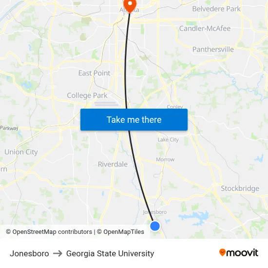 Jonesboro to Georgia State University map