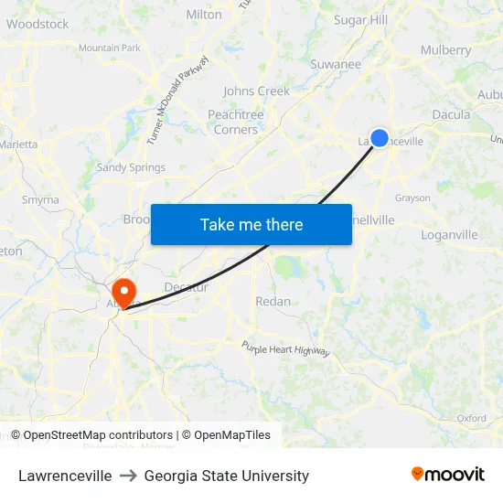 Lawrenceville to Georgia State University map