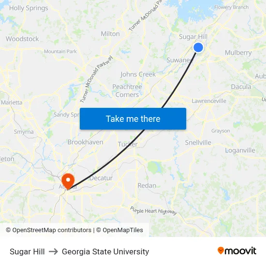 Sugar Hill to Georgia State University map