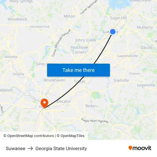 Suwanee to Georgia State University map