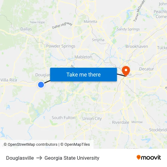 Douglasville to Georgia State University map