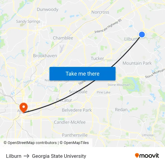 Lilburn to Georgia State University map