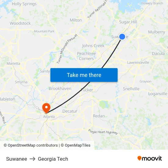 Suwanee to Georgia Tech map