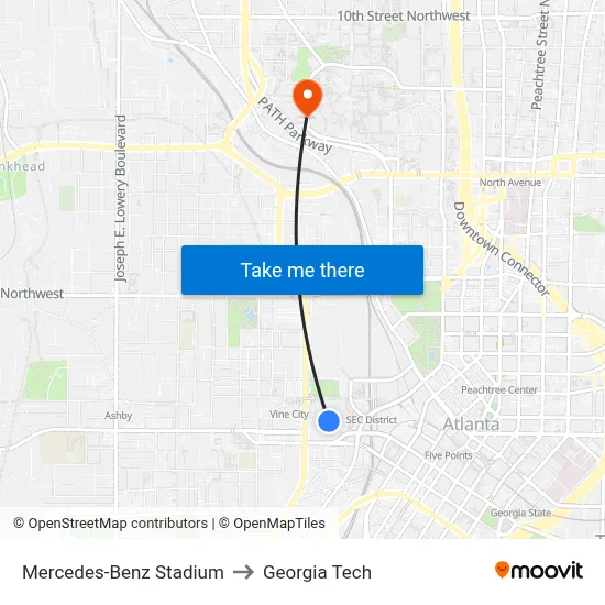 Mercedes-Benz Stadium to Georgia Tech map
