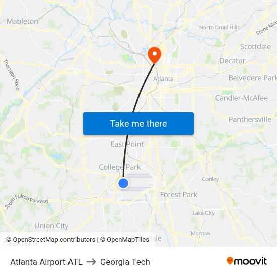 Atlanta Airport ATL to Georgia Tech map