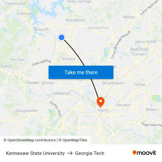 Kennesaw State University to Georgia Tech map