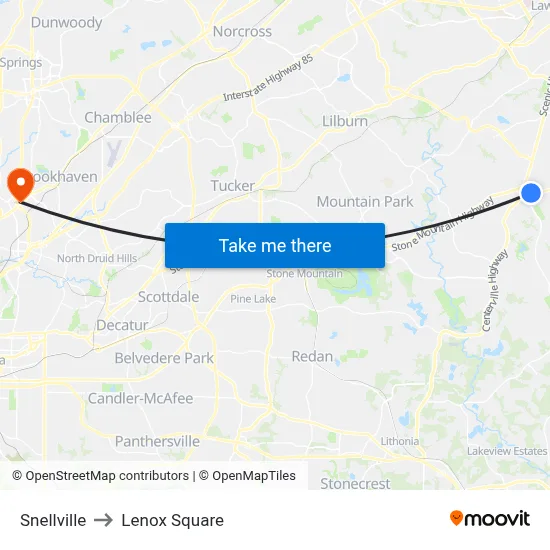 Snellville to Lenox Square map
