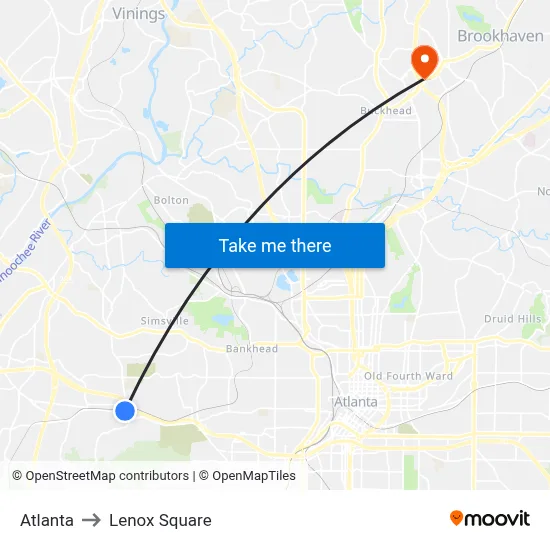 Atlanta to Lenox Square map