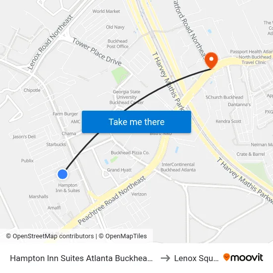 Hampton Inn Suites Atlanta Buckhead Place to Lenox Square map