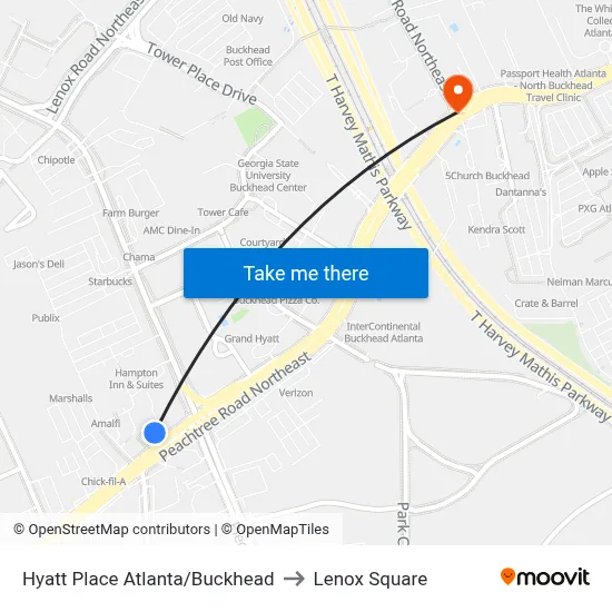 Hyatt Place Atlanta/Buckhead to Lenox Square map