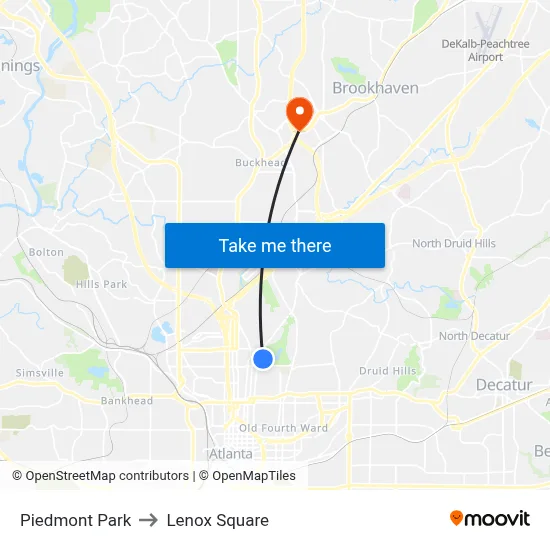 Piedmont Park to Lenox Square map