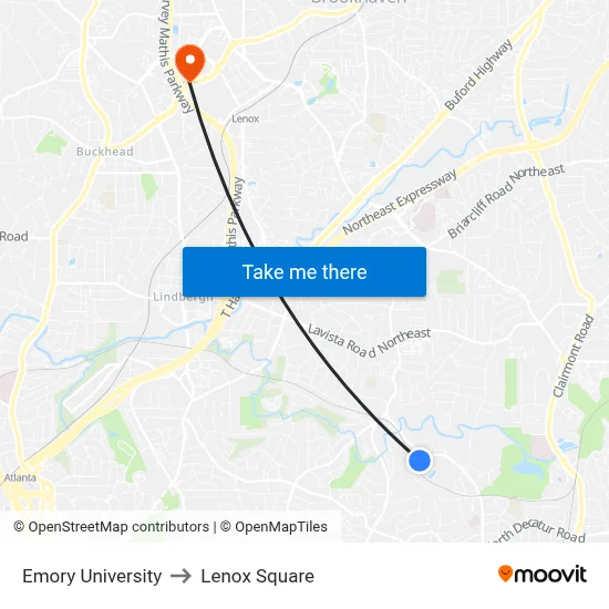 Emory University to Lenox Square map