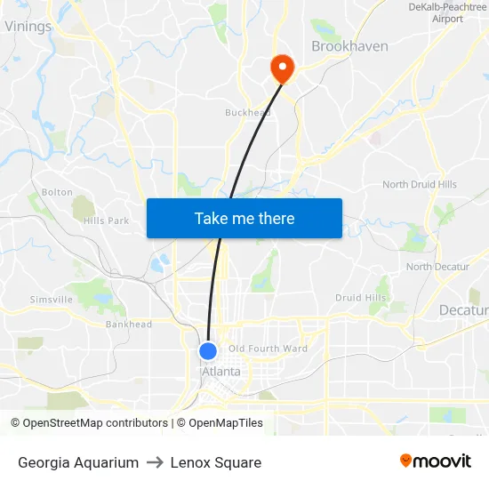 Georgia Aquarium to Lenox Square map