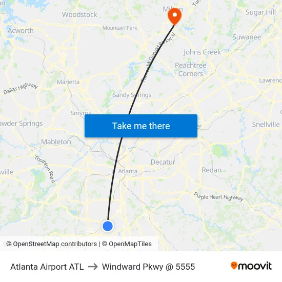 Atlanta Airport ATL to Windward Pkwy @ 5555 map