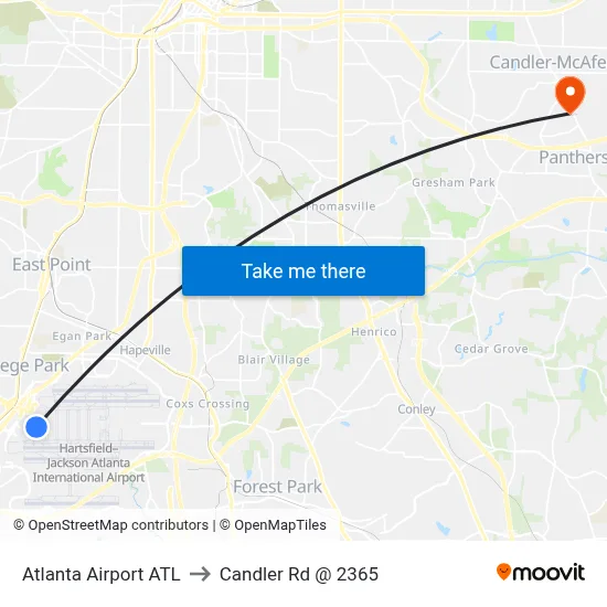 Atlanta Airport ATL to Candler Rd @ 2365 map