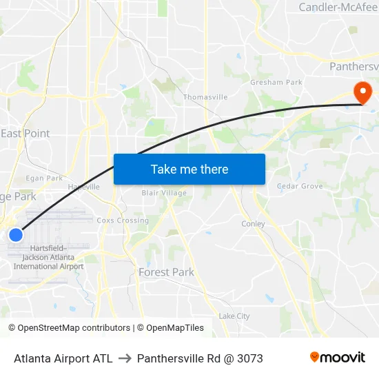 Atlanta Airport ATL to Panthersville Rd @ 3073 map