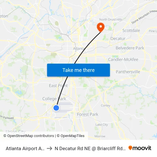 Atlanta Airport ATL to N Decatur Rd NE @ Briarcliff Rd NE map