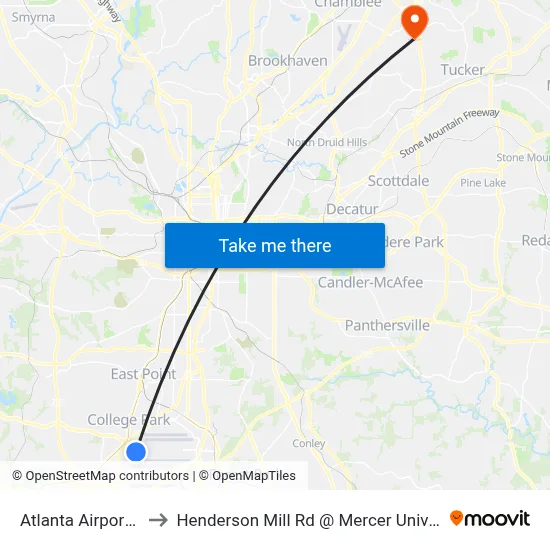 Atlanta Airport ATL to Henderson Mill Rd @ Mercer University Dr map