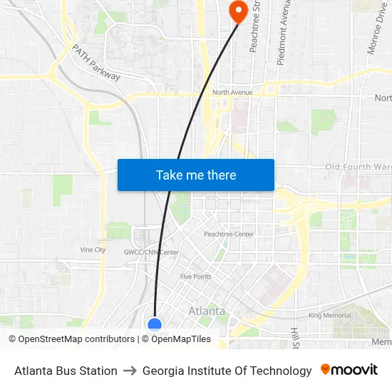 Atlanta Bus Station to Georgia Institute Of Technology map