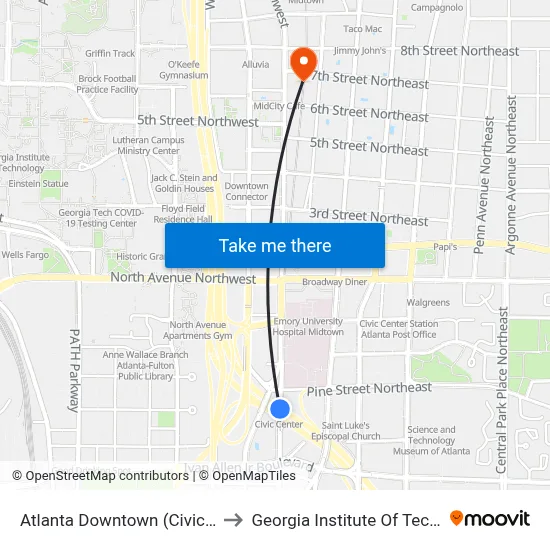 Atlanta Downtown (Civic Center) to Georgia Institute Of Technology map