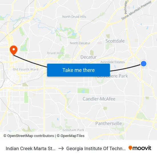 Indian Creek Marta Station to Georgia Institute Of Technology map