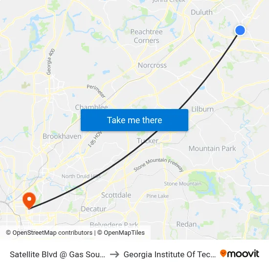 Satellite Blvd @ Gas South Arena to Georgia Institute Of Technology map