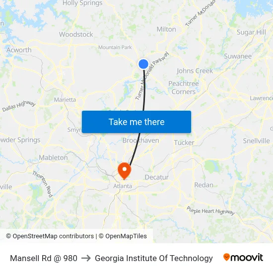 Mansell Rd @ 980 to Georgia Institute Of Technology map
