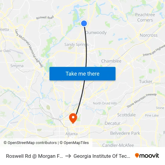 Roswell Rd @ Morgan Falls Rd to Georgia Institute Of Technology map