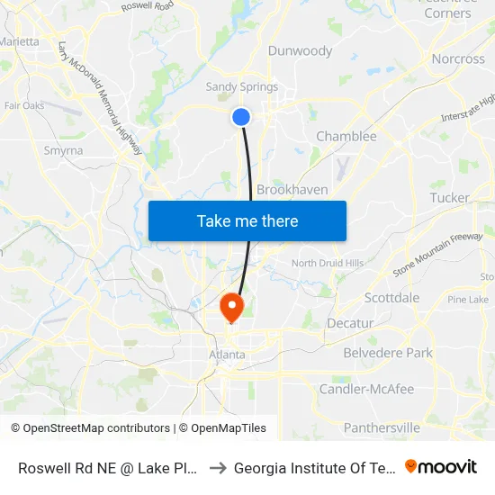 Roswell Rd NE @ Lake Placid Dr NE to Georgia Institute Of Technology map
