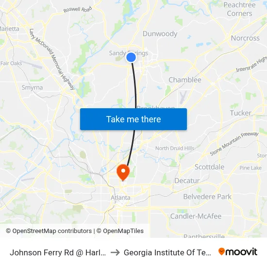 Johnson Ferry Rd @ Harleston Rd to Georgia Institute Of Technology map