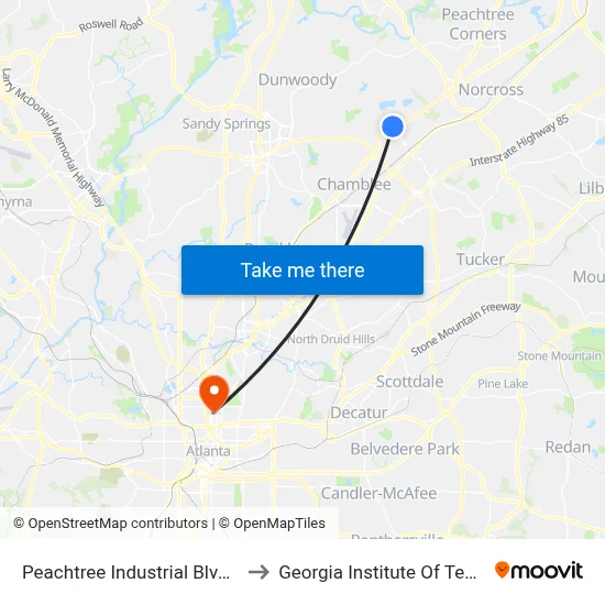 Peachtree Industrial Blvd @ 6706 to Georgia Institute Of Technology map
