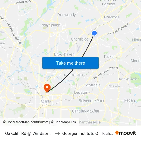 Oakcliff Rd @ Windsor Oak Dr to Georgia Institute Of Technology map