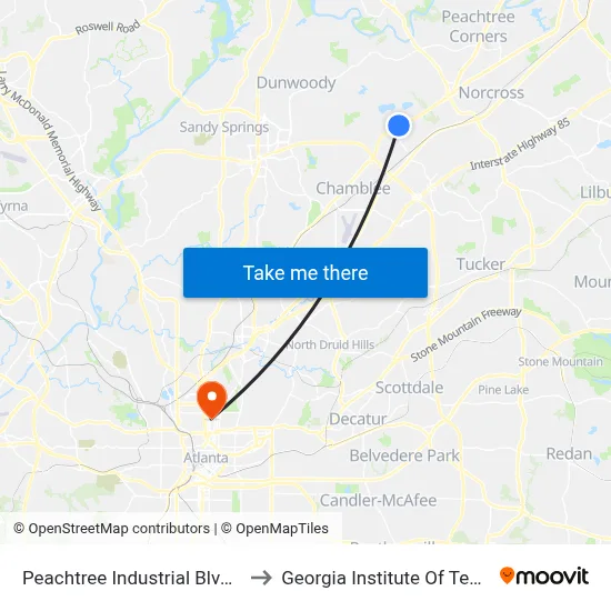 Peachtree Industrial Blvd @ 6750 to Georgia Institute Of Technology map