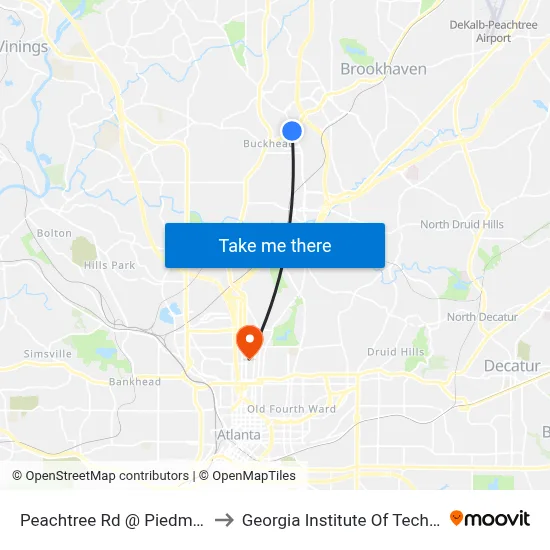 Peachtree Rd @ Piedmont Rd to Georgia Institute Of Technology map
